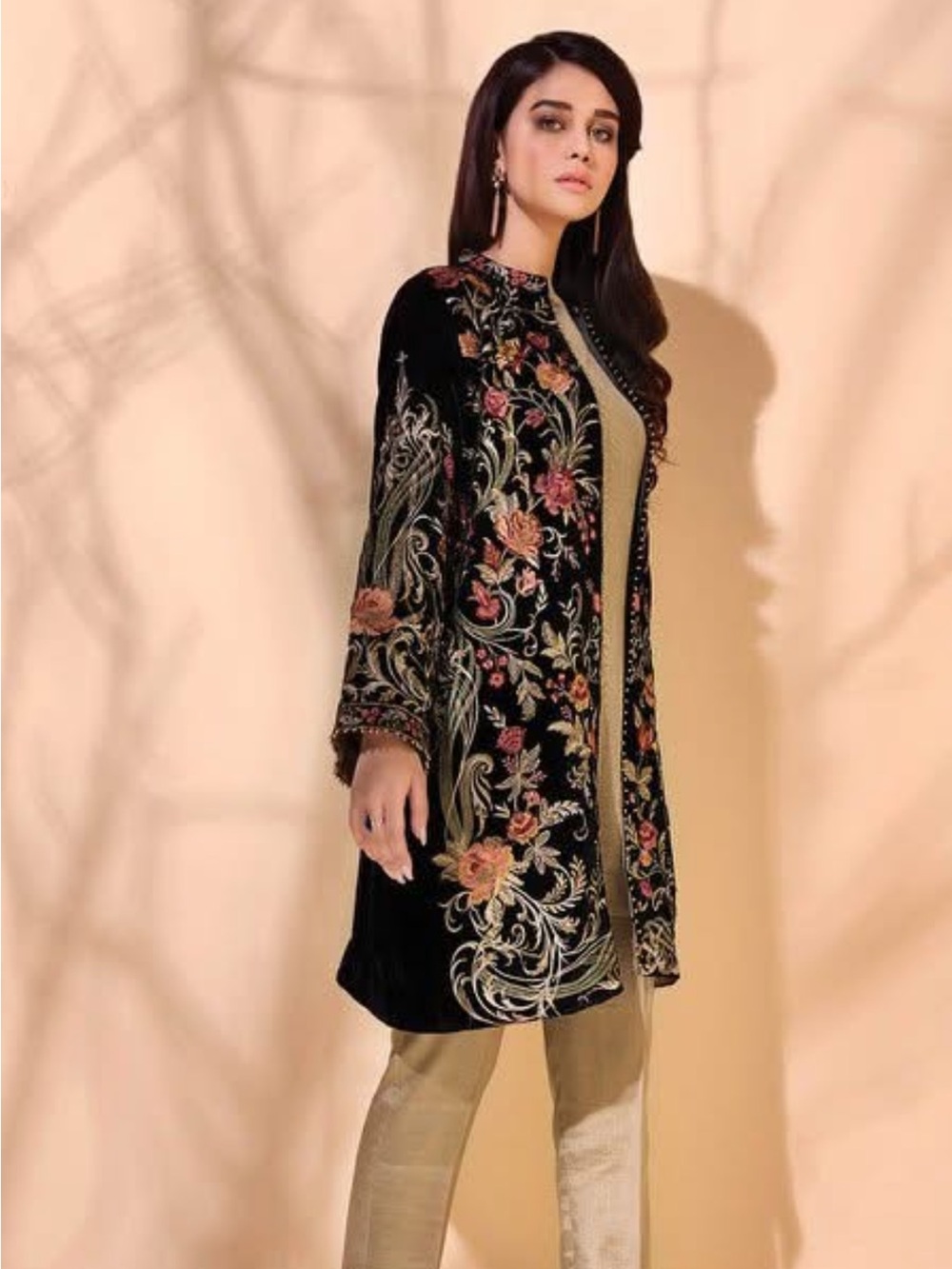 Embroidered Black Velvet Floral Long Jacket Top